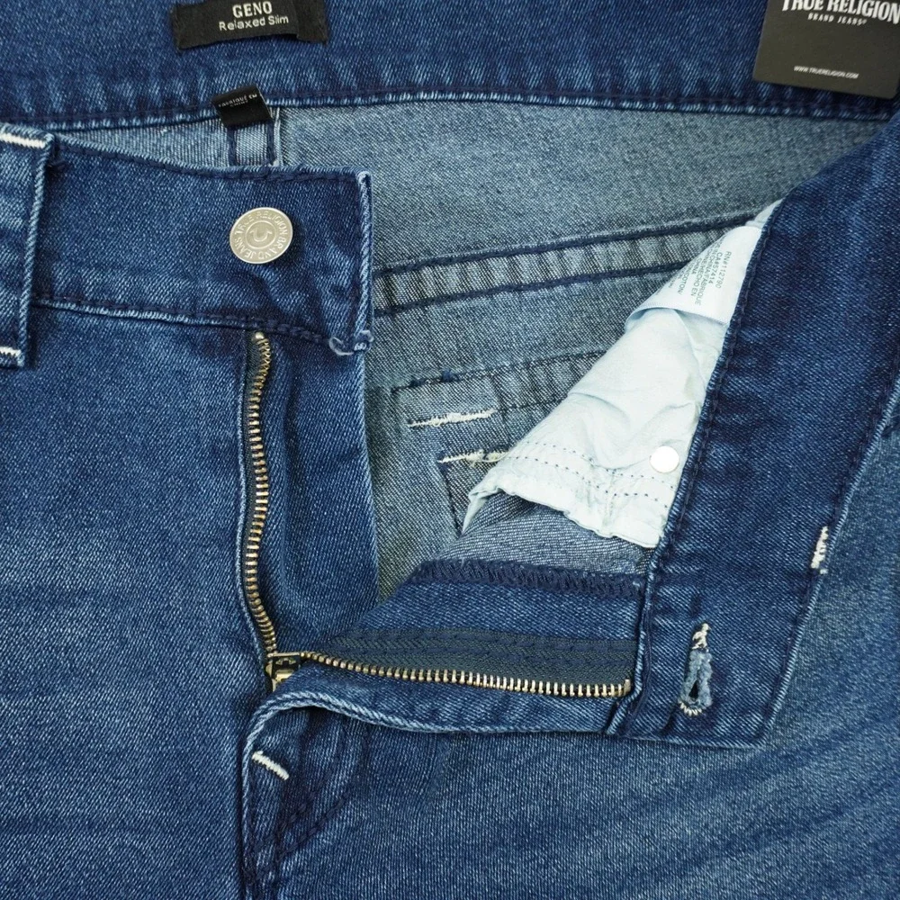 NEW True‎ Religion Geno Relaxed Slim Jeans Mens 36x32 Blue Big T Flap Pocket
